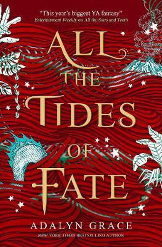 Boekomslag All The Tides of Fate met golvend rood en goudkleurig lettertype, met waterplanten en een zeemonster.