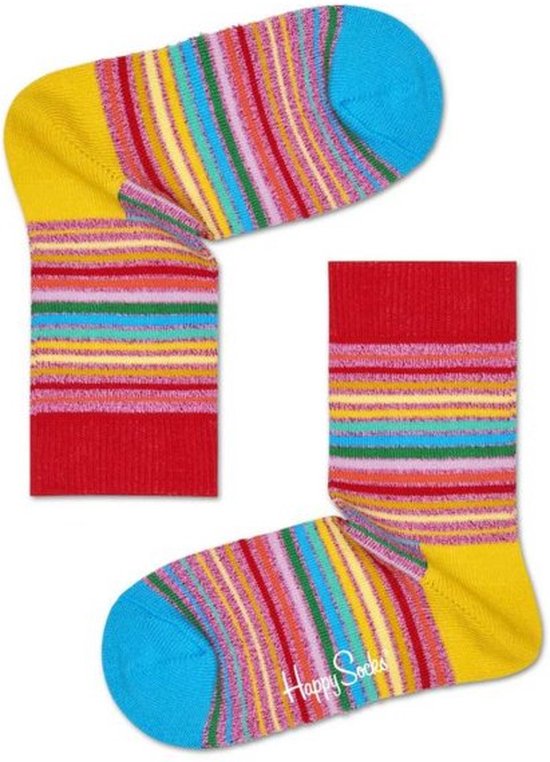 Gele sokken met multicolor strepen en blauwe tenen, met 'Happy Socks' logo.