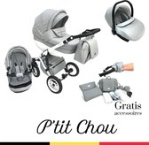 P'tit Chou Trento Grijs/wit - Complete 3 in 1 Kinderwagen set - Buggy + Autostoel + Incl. Accessoires