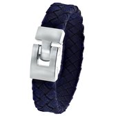 Lucardi Heren Stalen herenarmband gevlochten leer donker blauw - Armband - Leer - Zilverkleurig - 22 cm