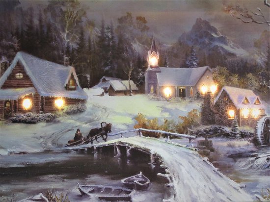 Schilderij groot met led verlichting - Canvas op houten frame - Dorp bij rivier - 9 x LED - 60 x 40 cm - Kerstdorp