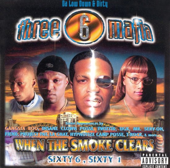 Albumhoes van 'When The Smoke Clears' door Three 6 Mafia met vier personen: Gangsta Boo, Koopsta Knicca, DJ Paul en Crunchy Black.