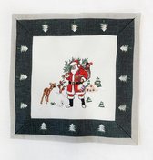 Kerst - tafelkleed Linnenlook Wit - grijze rand met Kerstman en Hert - Vierkant 30 cm