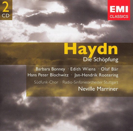 Cd-hoes van "Haydn Die Schöpfung" met een grijze, onheilspellende luchten op de achtergrond.
