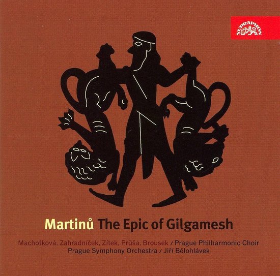 Albumcover met Martinu's 'The Epic of Gilgamesh'. Een bruine achtergrond met een zwarte, gestileerde afbeelding van Gilgamesh die twee leeuwen vasthoudt. Titel onderaan in gele letters.