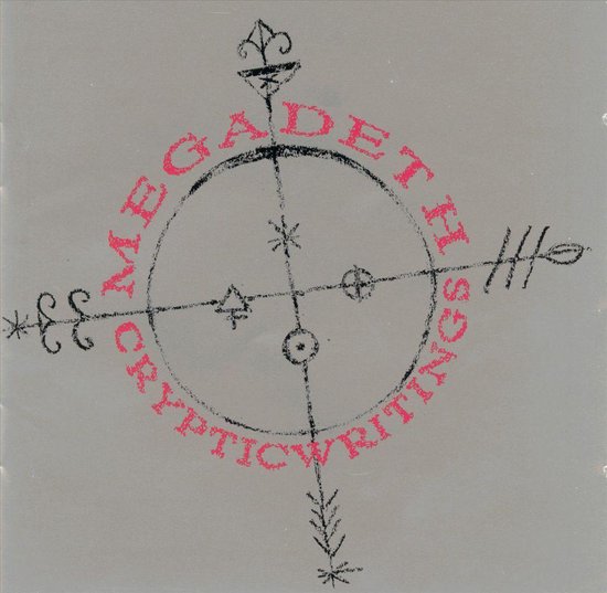 Megadeth Cryptic Writings albumcover met een kompas-achtige tekening in zwart en roze tekst.