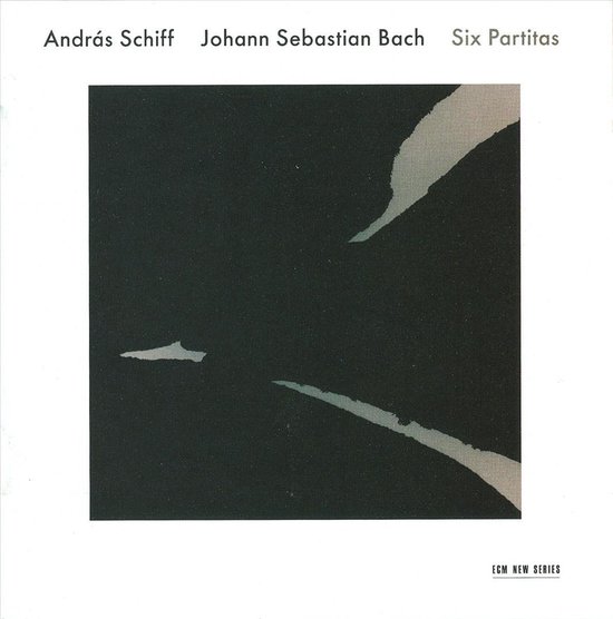 Albumhoes met tekst András Schiff Johann Sebastian Bach Six Partitas op zwarte achtergrond met abstracte grijze lijnen.
