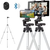 Varin® Telefoonstatief 130 cm met tablet houder - 2 stuks telefoon houders - Bluetooth remote shutter voor smartphone - Opbergtas - Zilvergrijs - Lichtgewicht tripod van 395 gram -