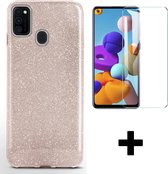 HB Hoesje Geschikt voor Samsung Galaxy A20S Roze - Glitter Back Cover & Glazen Screenprotector