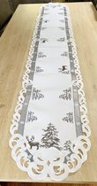 Kerst- tafelkleed Linnenlook Wit met Rendier en Kerstboom - loper 220 cm