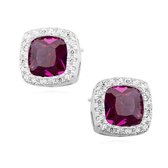 Joy|S - Zilveren elegante vierkant oorbellen zirkonia robijn rood / roze