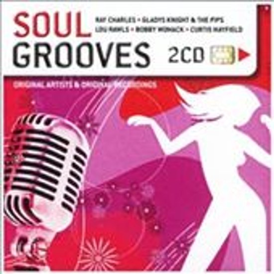 Soul Grooves 2CD compilation album cover with a vintage microphone and a dancing silhouette. Features artists like Ray Charles.