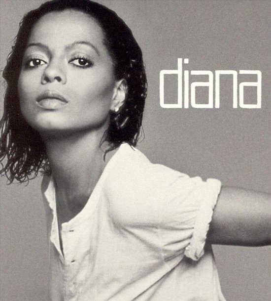 Diana albumhoes met Diana Ross in witte kleding, grijs gestreepte achtergrond.