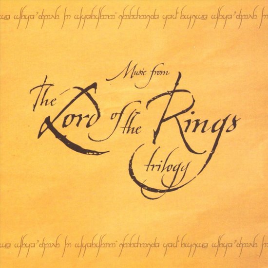 Muziek van The Lord of the Rings trilogy in kalligrafische letters op een gele achtergrond.