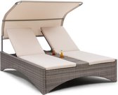 Blumfeldt Hermitage Double Lounger - dubbele ligstoel van rotan met zonnedak, aluminium frame, kussen, verstelbare rugleuning, voor 2 personen, max. 220 kg, 2 bekerhouders, taupe