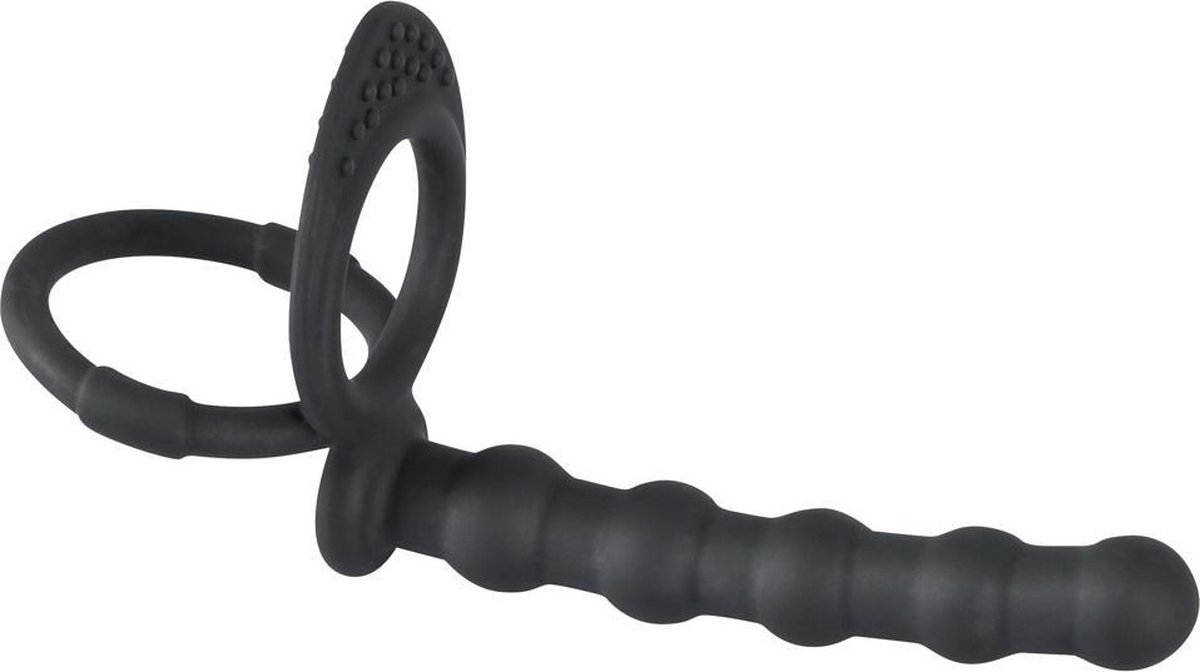 Goedkoopste Black Velvets – Siliconen Cock en Ball Ring met Stevige Anale Kralen voor Dubbele Penetratie – 19 cm – Zwart
