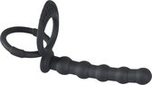 Black Velvets – Siliconen Cock en Ball Ring met Stevige Anale Kralen voor Dubbele Penetratie – 19 cm – Zwart