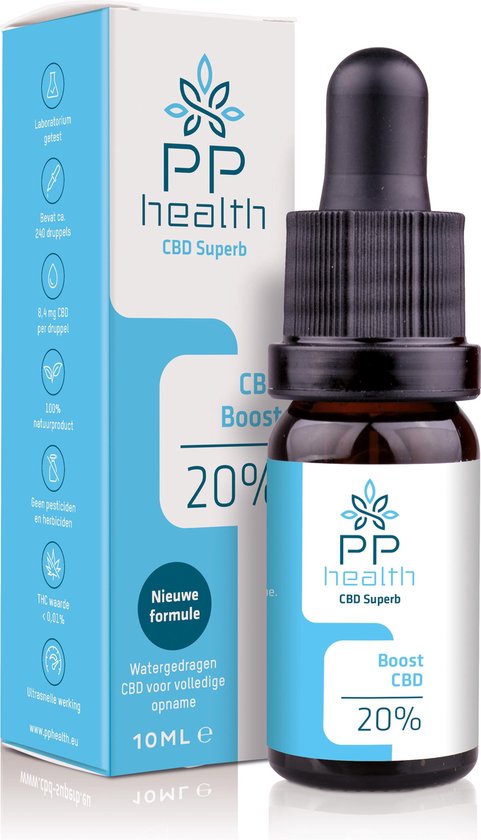 PP Health - CBD Boost 20% - 2000mg - Unieke watergedragen nieuwe formule voor volledige opname - Eenvoudig in te nemen met water - Inhoudelijke product certificering - 10 ml