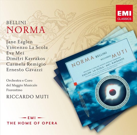 Albumhoes met tekst "Bellini Norma" en afbeeldingen van de artiesten en het orkest. EMI Classics logo.