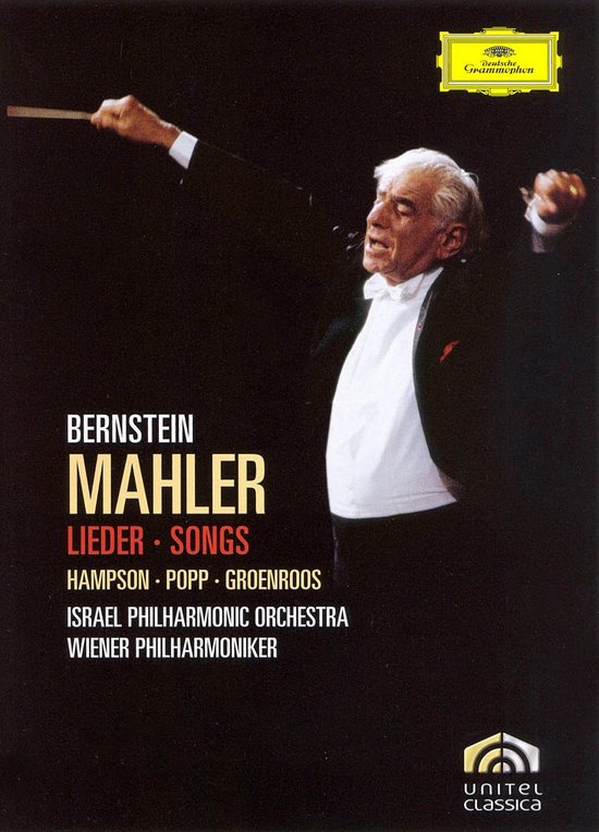Dirigent Bernstein in galakostuum, met stok zwaaiend. "Bernstein Mahler Lieder Songs".