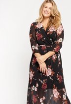 LOLALIZA Midi jurk met bloemen en ceintuur - Zwart - Maat 34