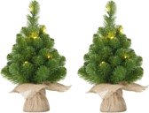 2x Mini kunst kerstbomen met 10 groene Led lampjes 45 cm - Kunst kerstboompjes/miniboompjes