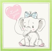 Kinderposter - Olifant met Hartballon - 20x20 cm - Met Lichtgroen 3D Houten Kader