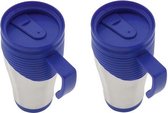 Pakket van 2x stuks RVS Thermosbeker/warm houd beker blauw 400 ml