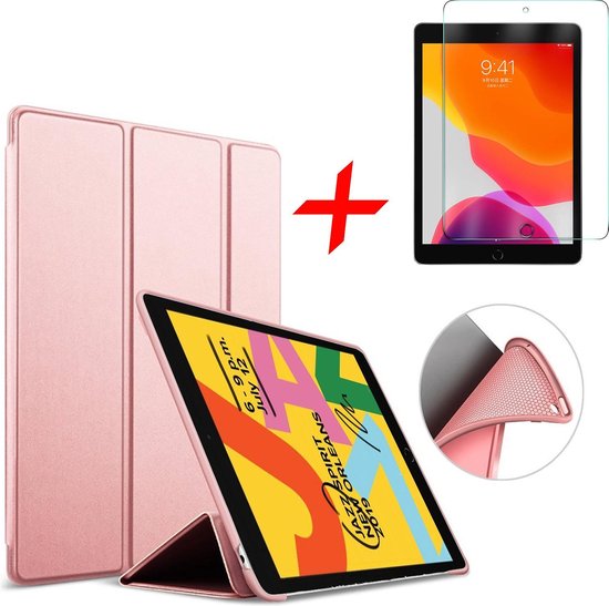 Hoesje geschikt voor iPad 2020 / 2019 10.2 en Screenprotector - Trifold Tablet Case Rosegoud