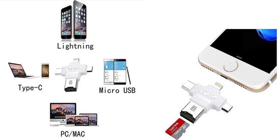 Lecteur de Carte Micro-SD 4 en 1 USB-C / Lightning / Micro-USB