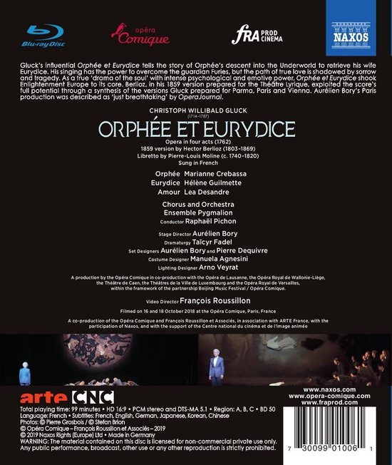 Blu-ray hoes van "Orphée et Eurydice" met tekst en informatie over de cast, koor en orkest.
