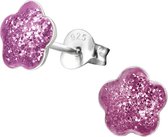 Joy|S - Zilveren glitter bloem Daisy paars oorbellen 8 mm