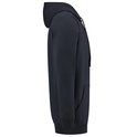 Donkerblauwe hoodie, zijaanzicht, met capuchon en lange mouwen.