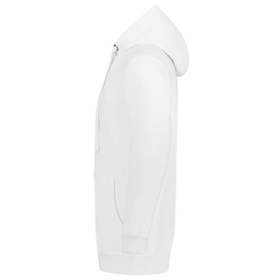 Zijaanzicht van een witte capuchontrui met kangoeroezak.