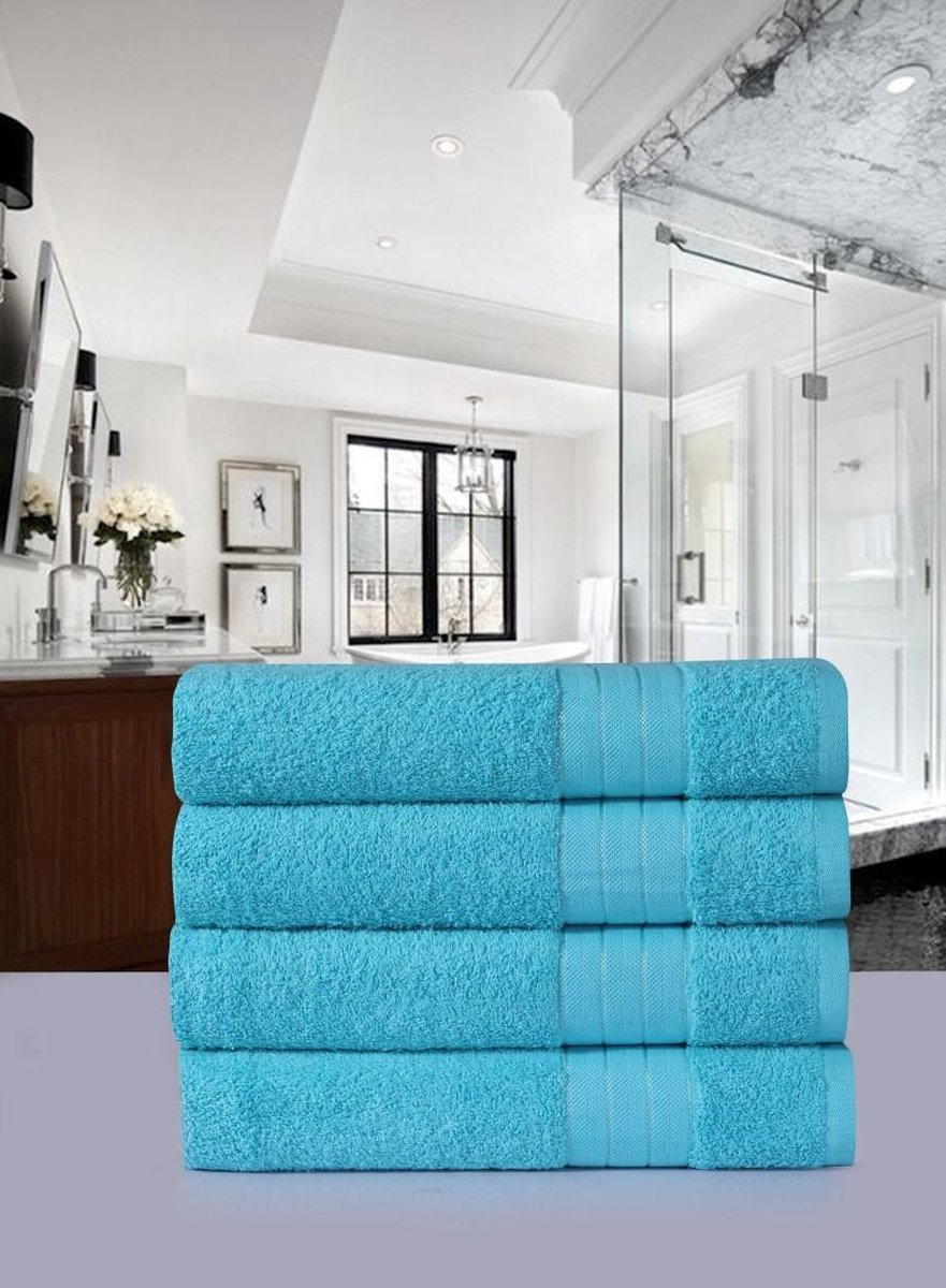 Luxe Katoen Handdoek Aqua | 50x100 | Set van 4 | Met Een Geweven Bies