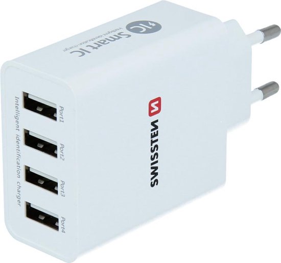 Swissten USB oplader met 4 USB Poorten Geschikt voor o.a. iPhone & Samsung 5A Wit bol