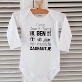 Rompertje met tekst Lieve Oom en tante Ik ben dit jaar het mooiste cadeautje | lange mouw | wit zwart | maat 50/56  bekendmaking zwangerschap aanstaande baby jongen meisje unisex