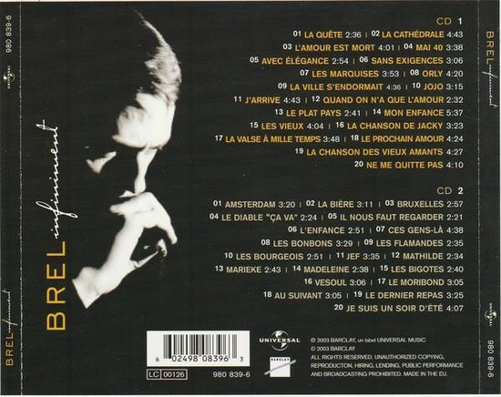 Albumhoes met tracklijsten van CD 1 en CD 2 van 'Brel infiniment'. Achtergrond is een portret van Jacques Brel.