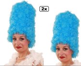 2x Pruik Curly hoog turquoise - Carnaval thema feest optocht festival