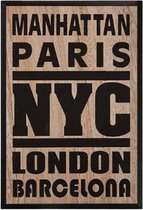 Zwart Wandbord - Tekstbord - Muurdecoratie - Wanddecoratie - 38x58 cm - New York, Barcelona, London - MDF