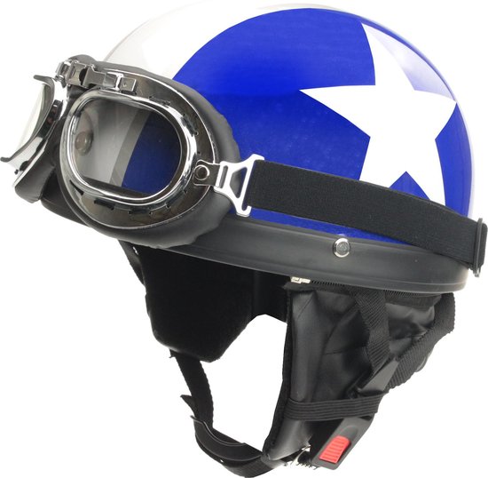 Classic blauw witte pothelm + chrome motorbril motor / scooter helm
