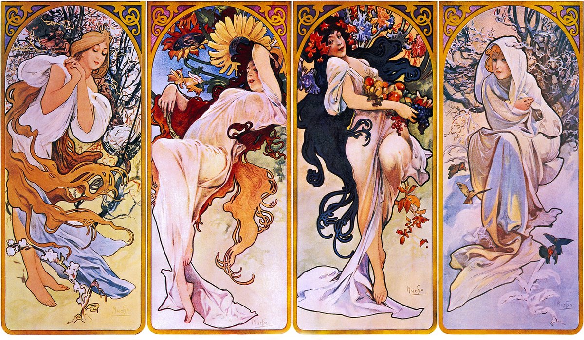 Esque Poster Four Seasons - Schilderij Alphonse Mucha - De Seizoenen - 50x70 cm Losse Poster