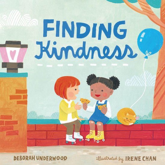 Boekcover van 'Finding Kindness' met twee meisjes die koekjes delen. Een blauwe ballon zweeft boven hen.