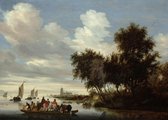 Poster Rivierlandschap Met Een Veerboot - Schilderij Salomon van Ruysdael - 50x70 cm