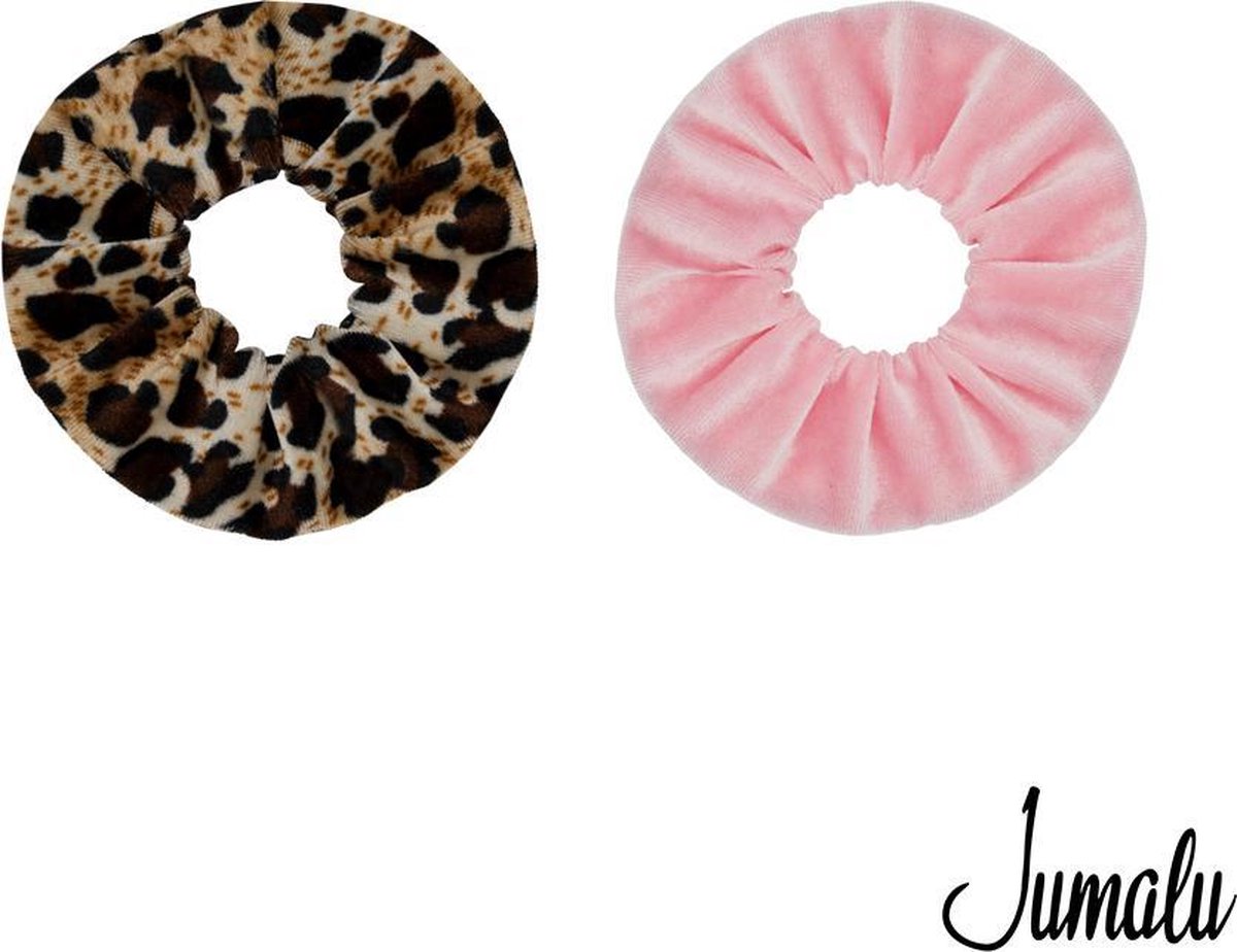 Jumalu scrunchie velvet haarwokkel haarelastiekjes - lichtroze en panterprint - 2 stuks