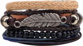 Fako Bijoux® - Armband - Leder - Set Vintage - Veer Touw