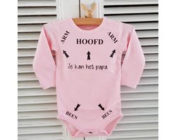 Baby Romper roze met tekst bedrukking | Hoofd Arm Been pijlen je kunt / kan het pap / papa / pappie | lange mouw | roze | maat 74/80 | I love vaderdag cadeau bekendmaking zwangerschap aanstaande baby meisje