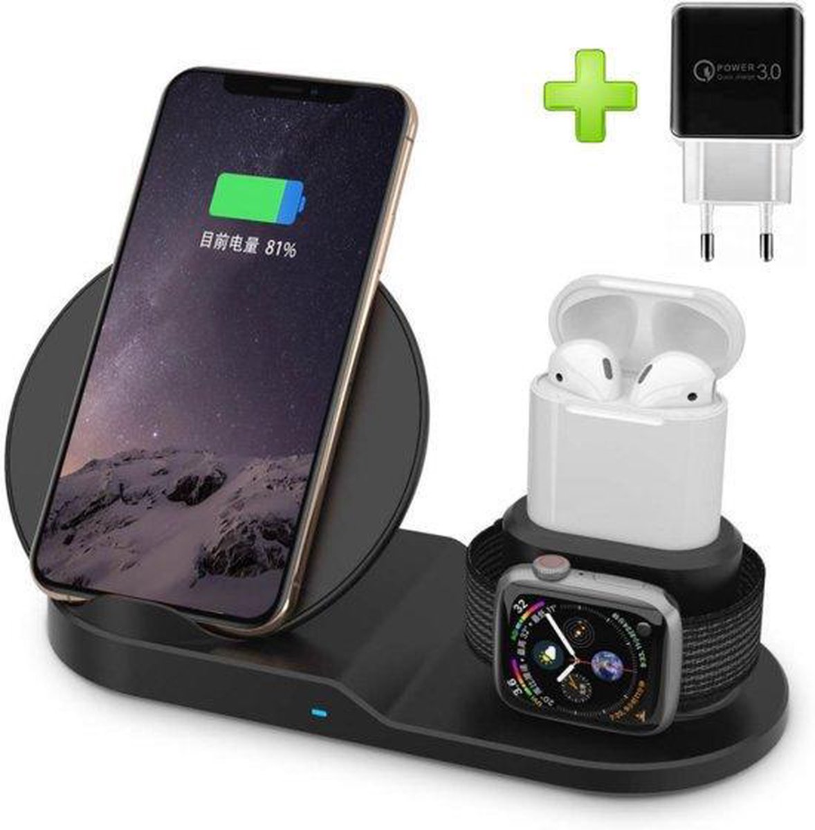 3 in 1 Qi Draadloze Oplader Fastcharge Dock Oplaadstandaard Cradle Set