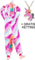 Eenhoorn Onesie Unicorn paars huispak kostuum kinderen - 128-134 (130) met ketting verkleedkleding jurk