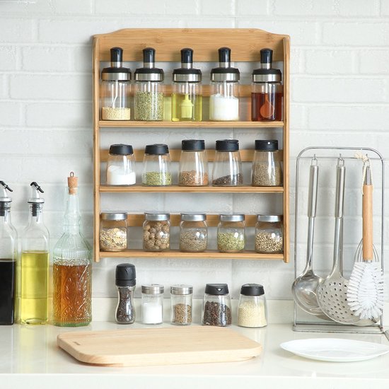 Support à épices suspendu pour 15 pots à épices - Support de cuisine / support à épices / support à épices en bois de bambou - Organisateur de cuisine 3 couches - Decopatent®
